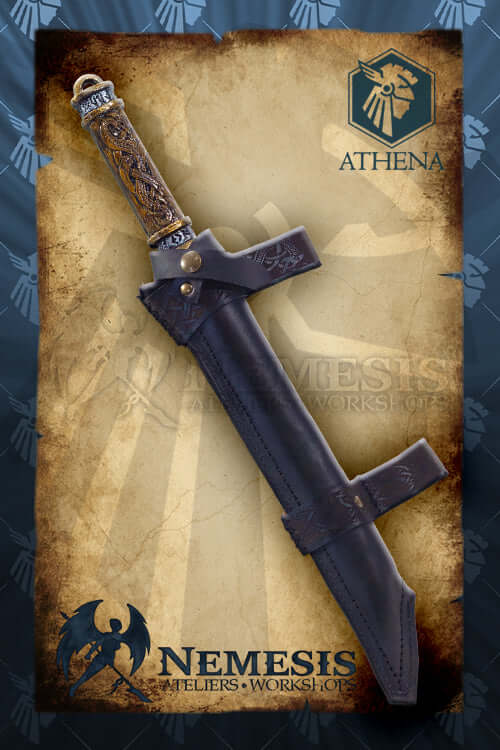 Athena Scabbard - Viking Seax in black leather with ornate handle, designed for precision and protection.