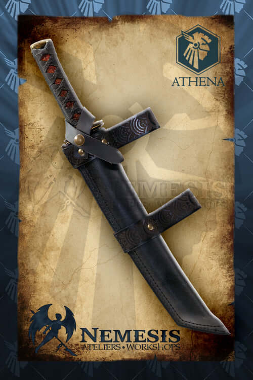 Athena Scabbard - Japanese Tantô displayed against a vintage background with a layered design.
