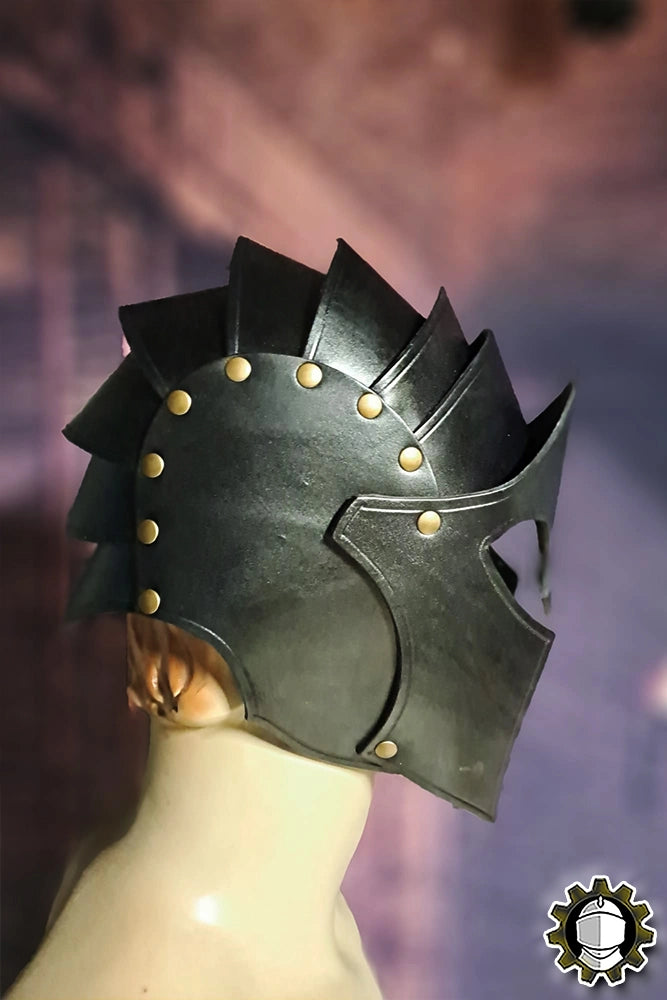 Helmet Lacedemon (Fighter) side view, showcasing reinforced leather design and bold ancient Greek-inspired details.