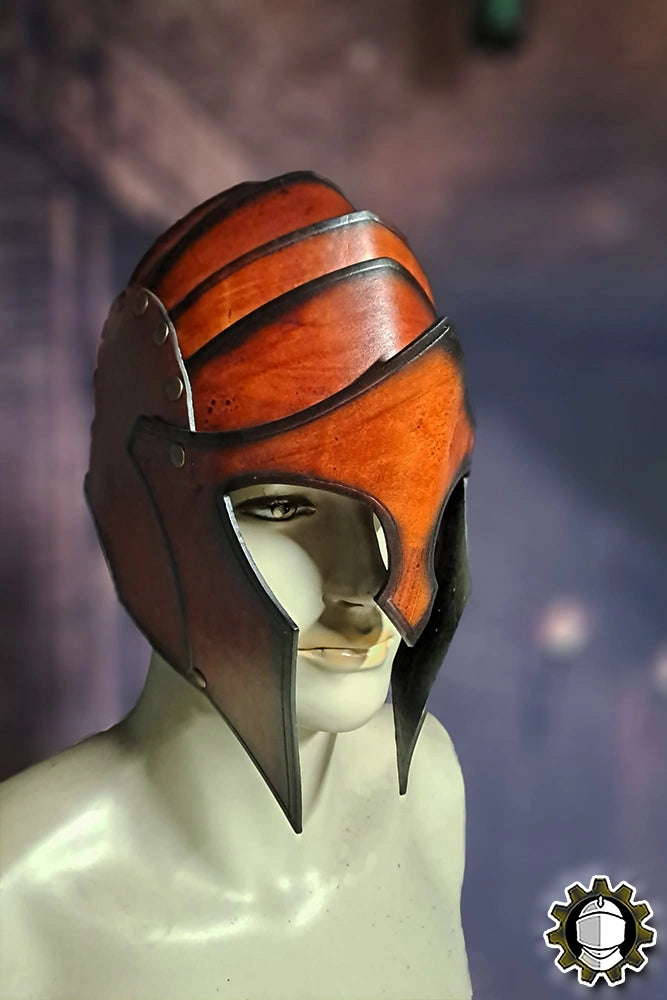 Helmet Lacedemon (Fighter) showcasing a striking design and durable leather construction for head protection.