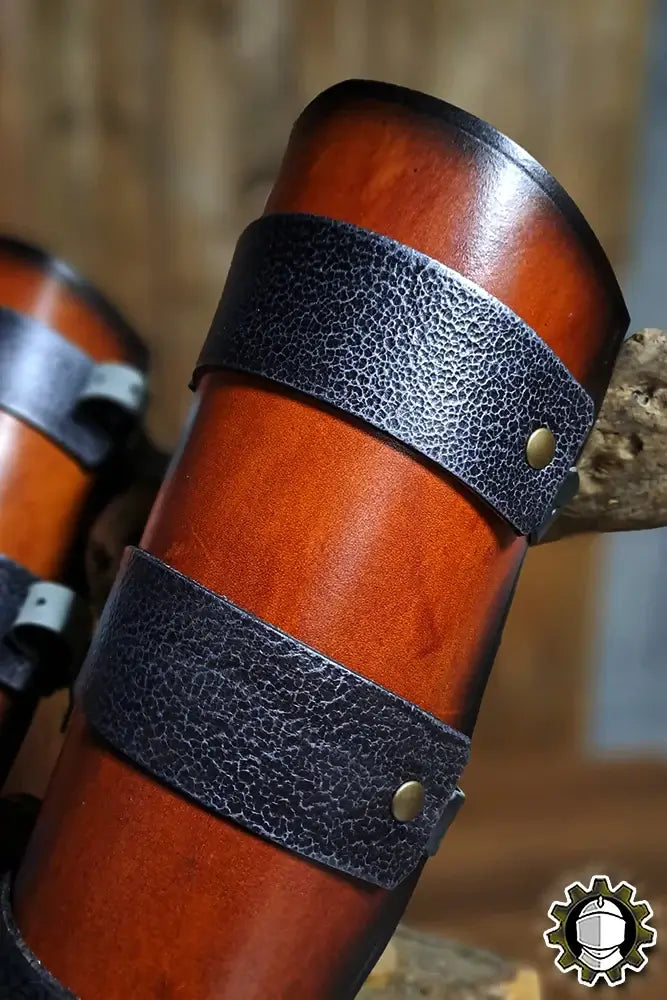 Leg Protection Ragnall (Fighter) showcasing bold leather craftsmanship and Celtic-inspired design.