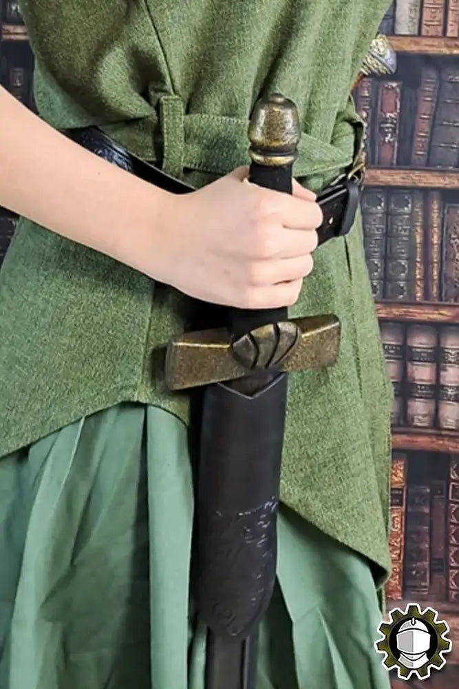 Dagger Holder Jerome (Fighter) showcased with an elegant sword and leather belt in a vintage library setting.