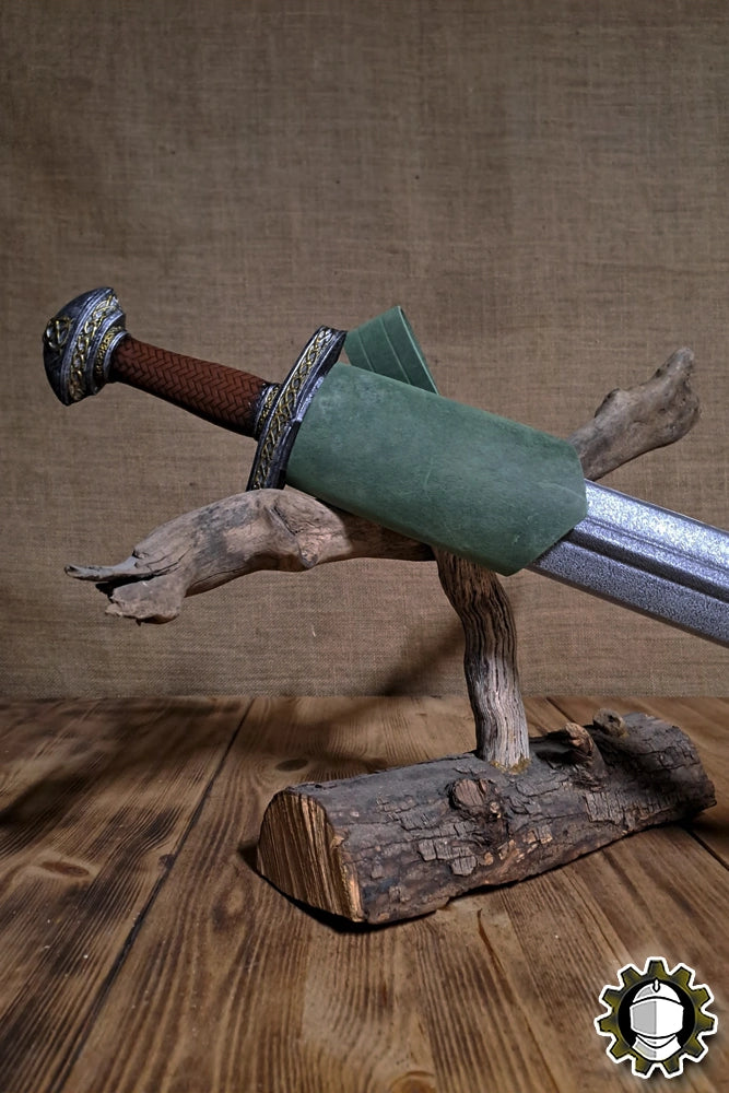 Sword Holder (New Blood) displaying a LARP sword on a wooden stand, designed for functionality and comfort.