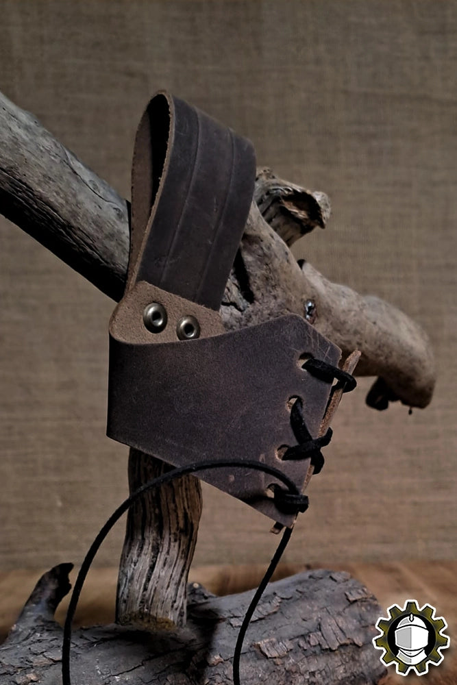 Horn Holder (New Blood) made from rugged Crazy Horse leather for holding drinking horns and weapons.