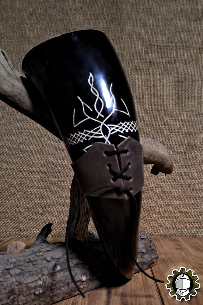 Horn Holder (New Blood) crafted from leather, features intricate designs, perfect for holding drinking horns.