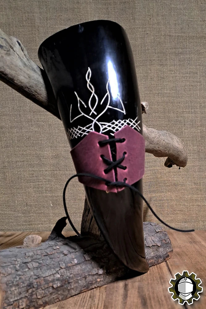 Horn Holder (New Blood) - rugged Crazy Horse leather drinking horn belt accessory with adjustable strap.