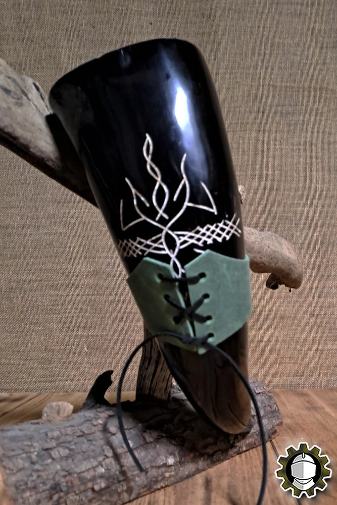 Horn Holder (New Blood) showcasing a decorative black drinking horn with green leather accents.