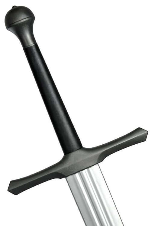 Bellator II Squire sword's black handle and steel-colored guard with silver blade.