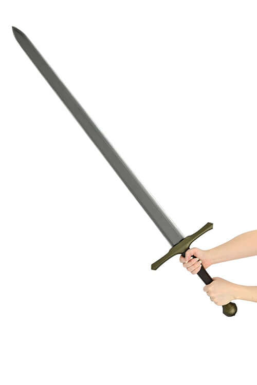 Bellator II Squire sword held by a warrior, showcasing its steel-colored blade and black handle.