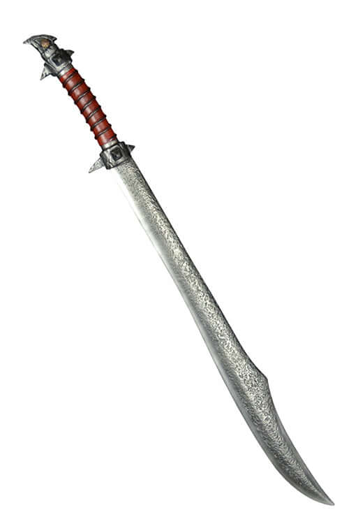 Calimacil Baen Si II sword with hammered blade and deep red handle wrap, symbolizing a fierce warrior's weapon.