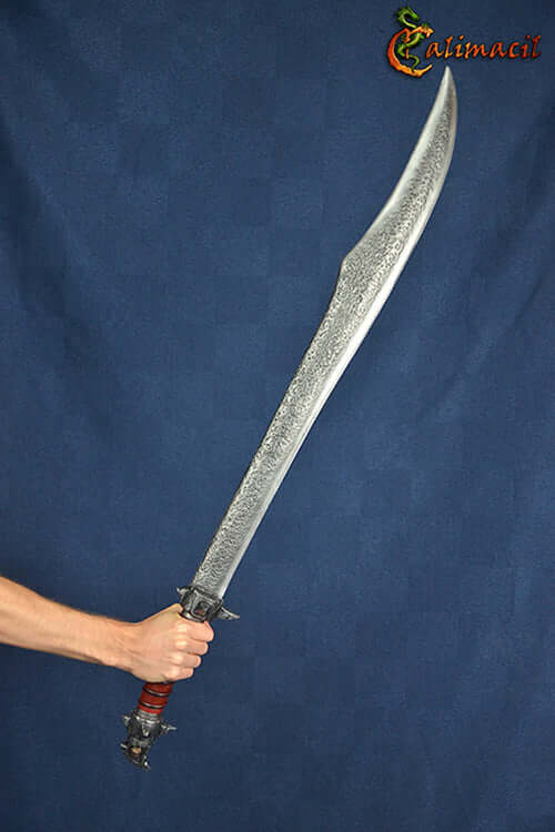 Calimacil Baen Si II sword featuring a hammered blade texture and deep red handle wrappings.