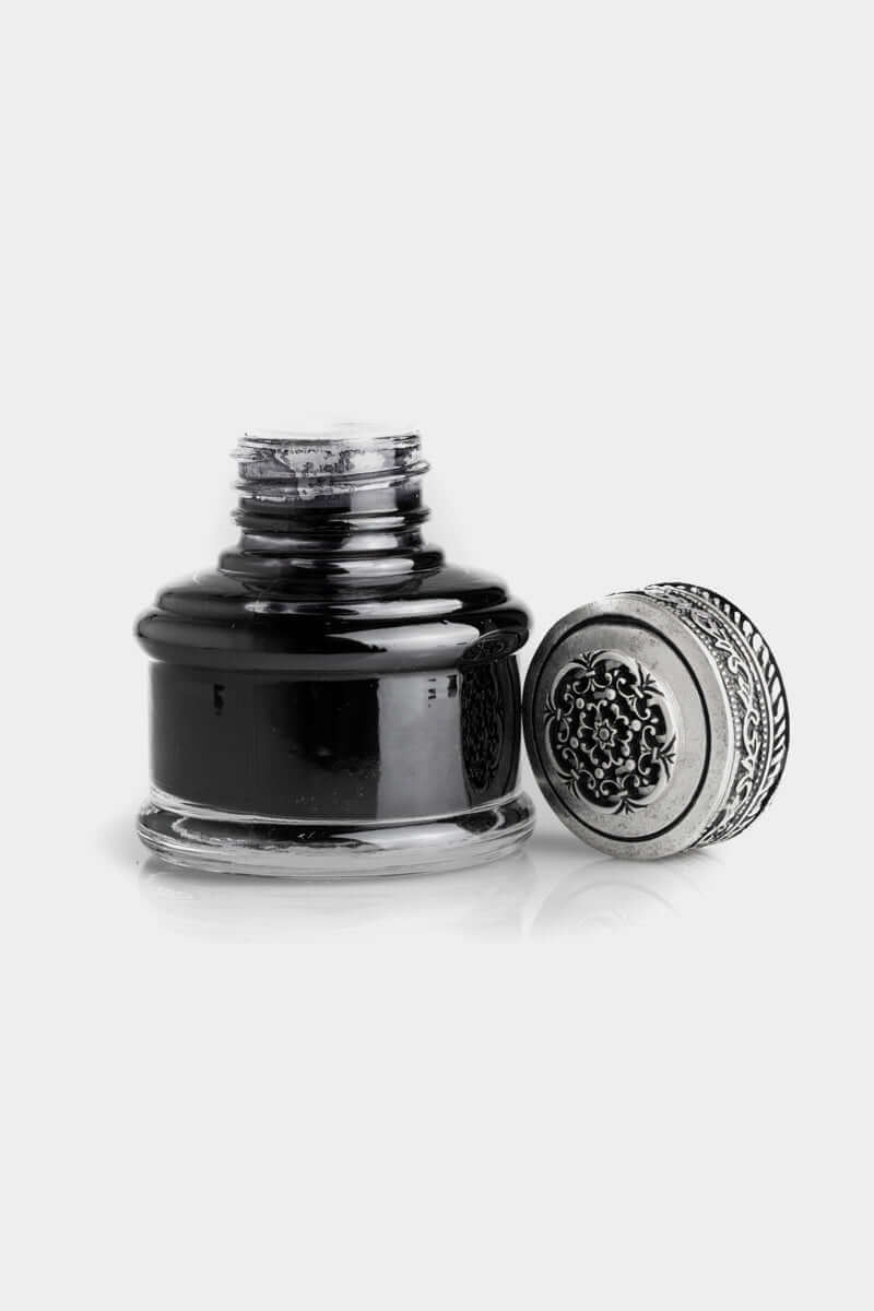 Calligraphic Writing Set 50 ml inkwell with ornate cap containing calligraphic ink for elegant writing.