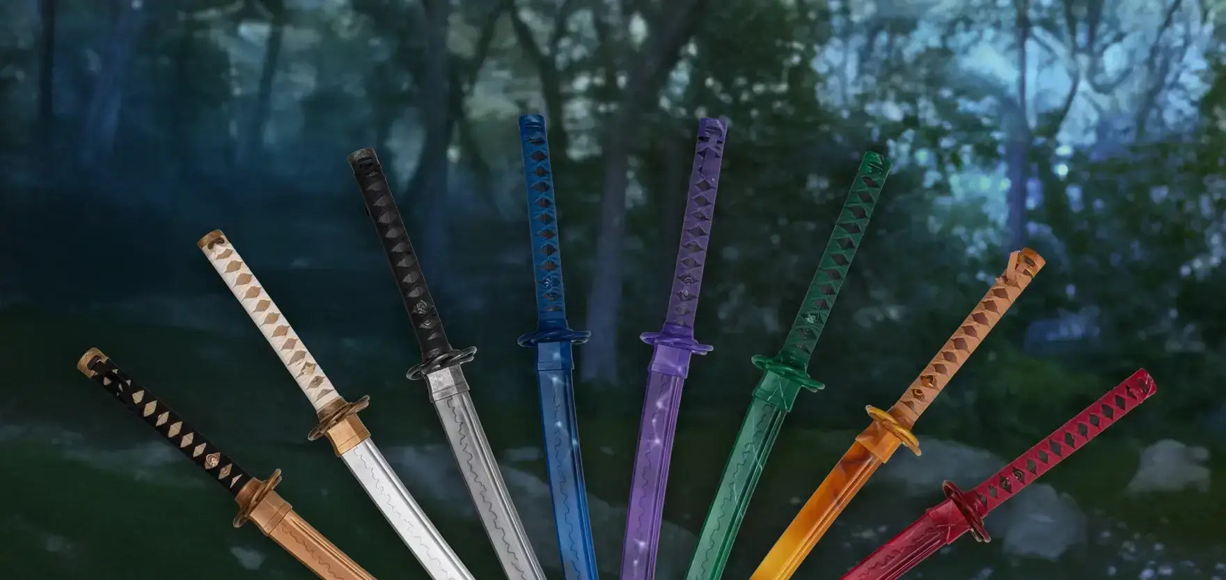 Various colorful katana swords displayed in a forest setting, showcasing unique designs and craftsmanship.