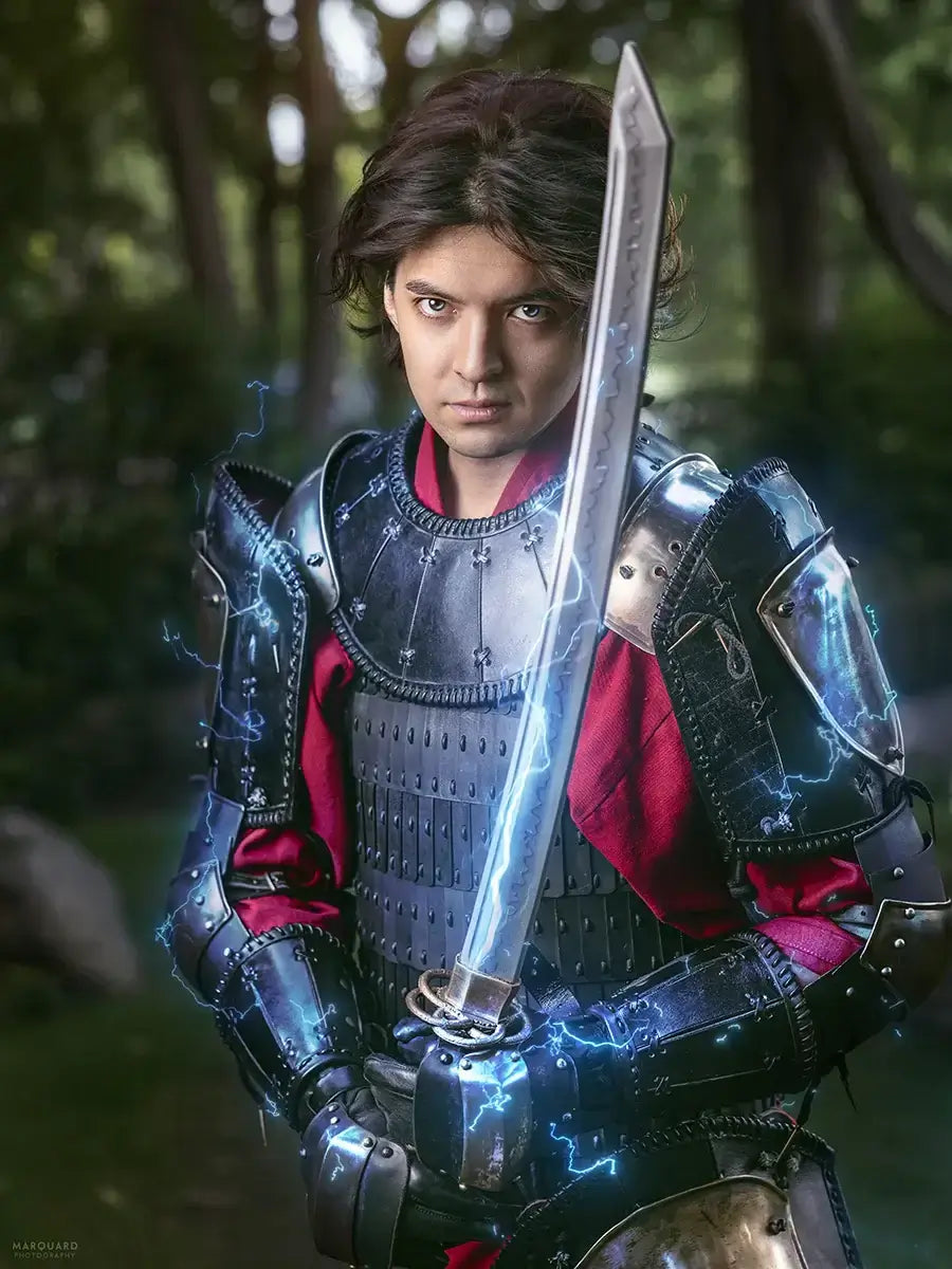 A young warrior in armor holding a glowing sword, surrounded by a mystical forest setting.