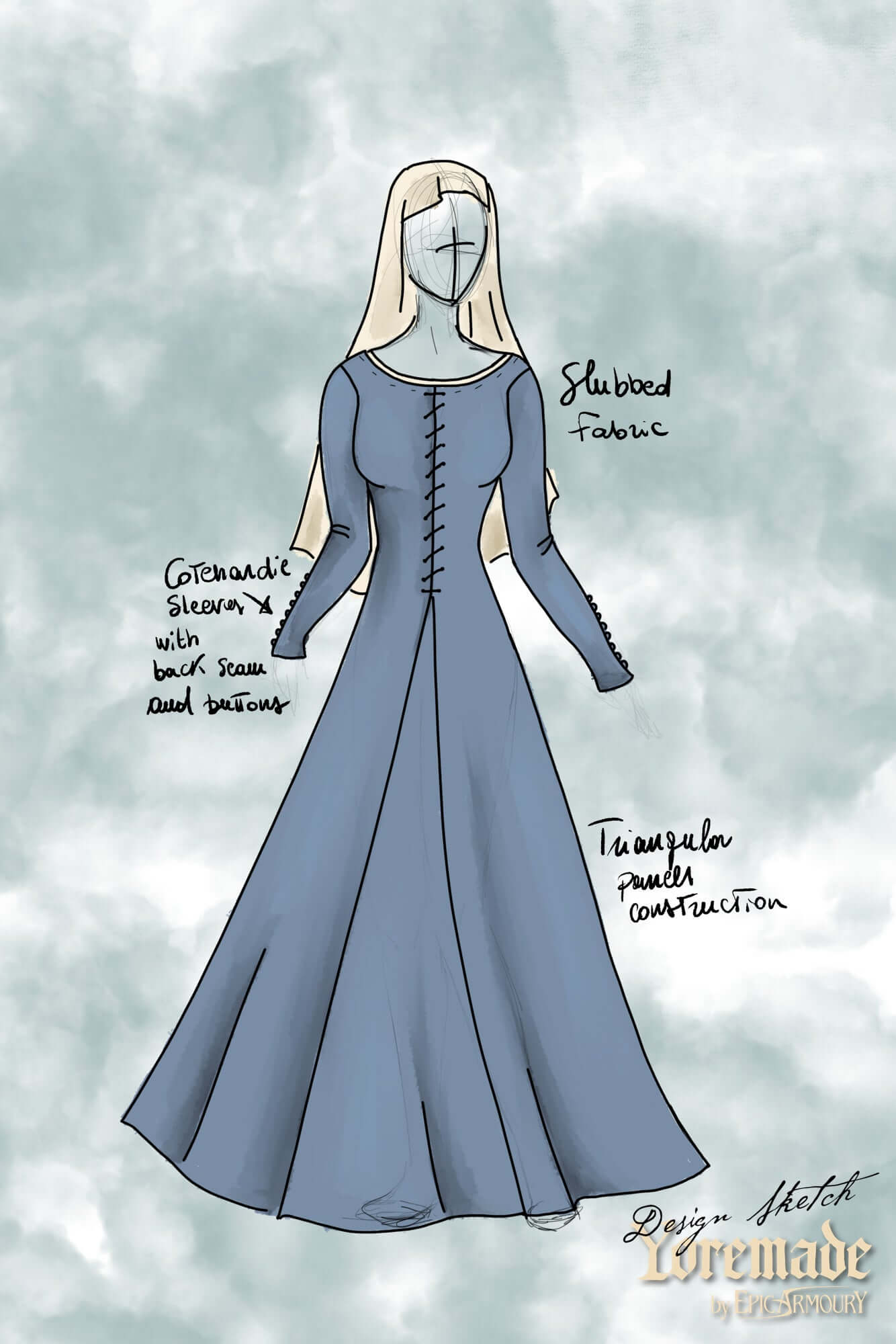 Cotehardie Marian dress design illustration featuring central lacing and tailored silhouette.