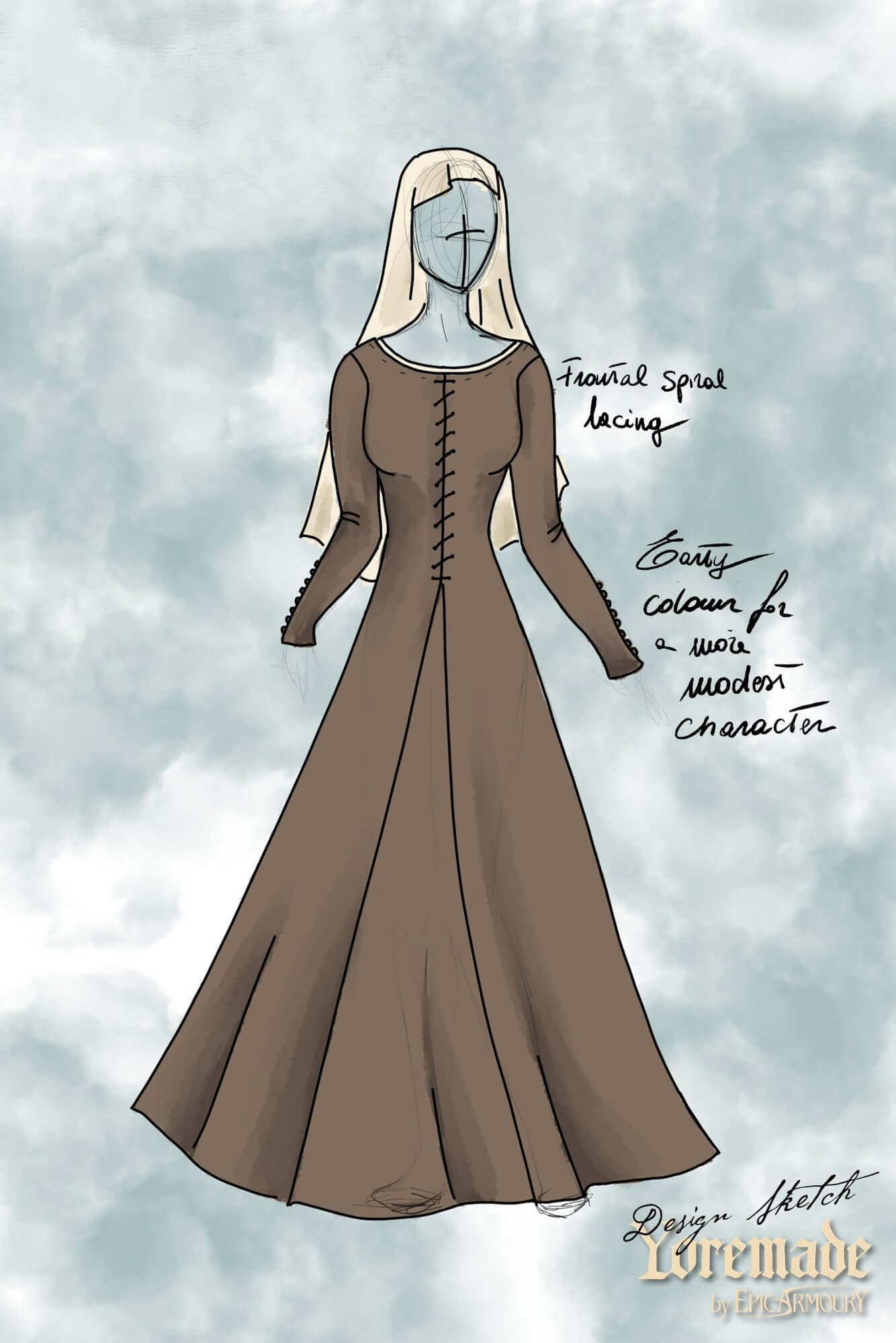 Cotehardie Marian design featuring central lacing and tailored silhouette for High and Late Medieval periods.