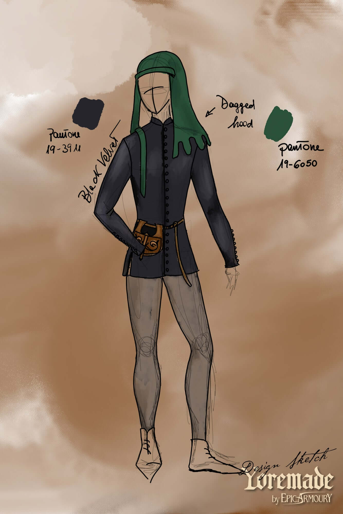 Cotehardie Bonifacio design sketch featuring a fitted body and dogged hood, showcasing detailed color palette.