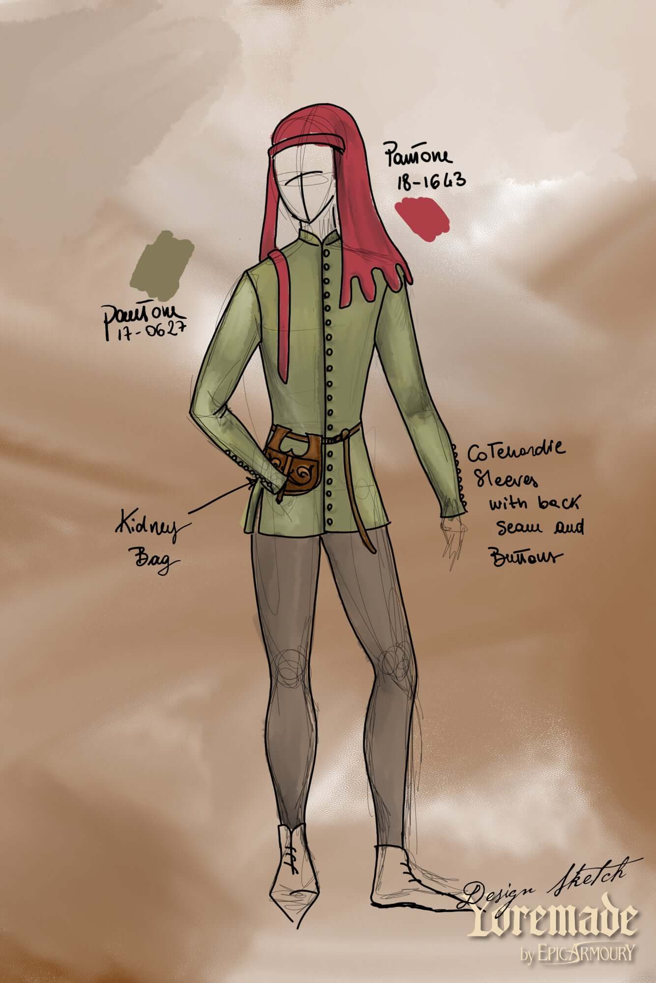Cotehardie Bonifacio design illustration featuring tailored fit with buttons and kilt-like elements.