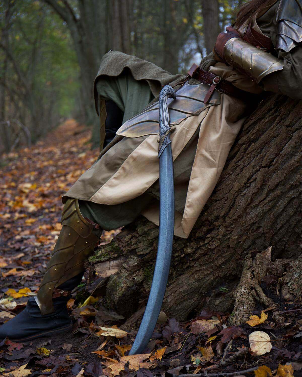 A warrior in armor resting against a tree in a forest, with a sword leaning beside them, surrounded by autumn leaves.