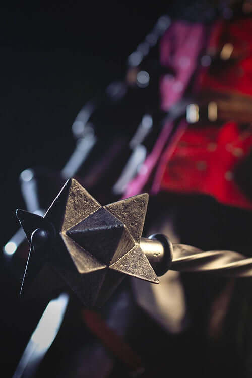Close-up of the Bailiff's Mace replica showcasing its intricate design and sharp-pointed head.