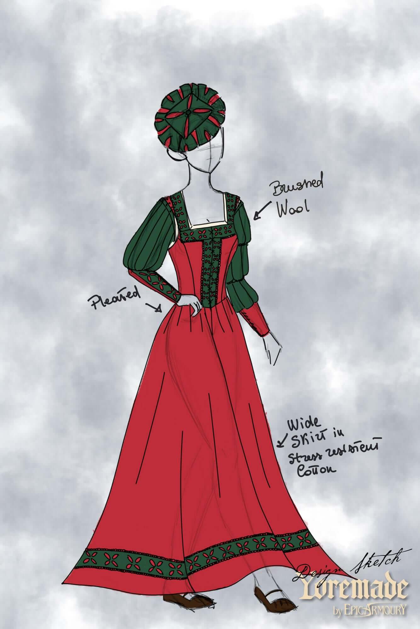 Kampfrau dress design featuring bold colors, medieval style, and adjustable fit for LARP events.