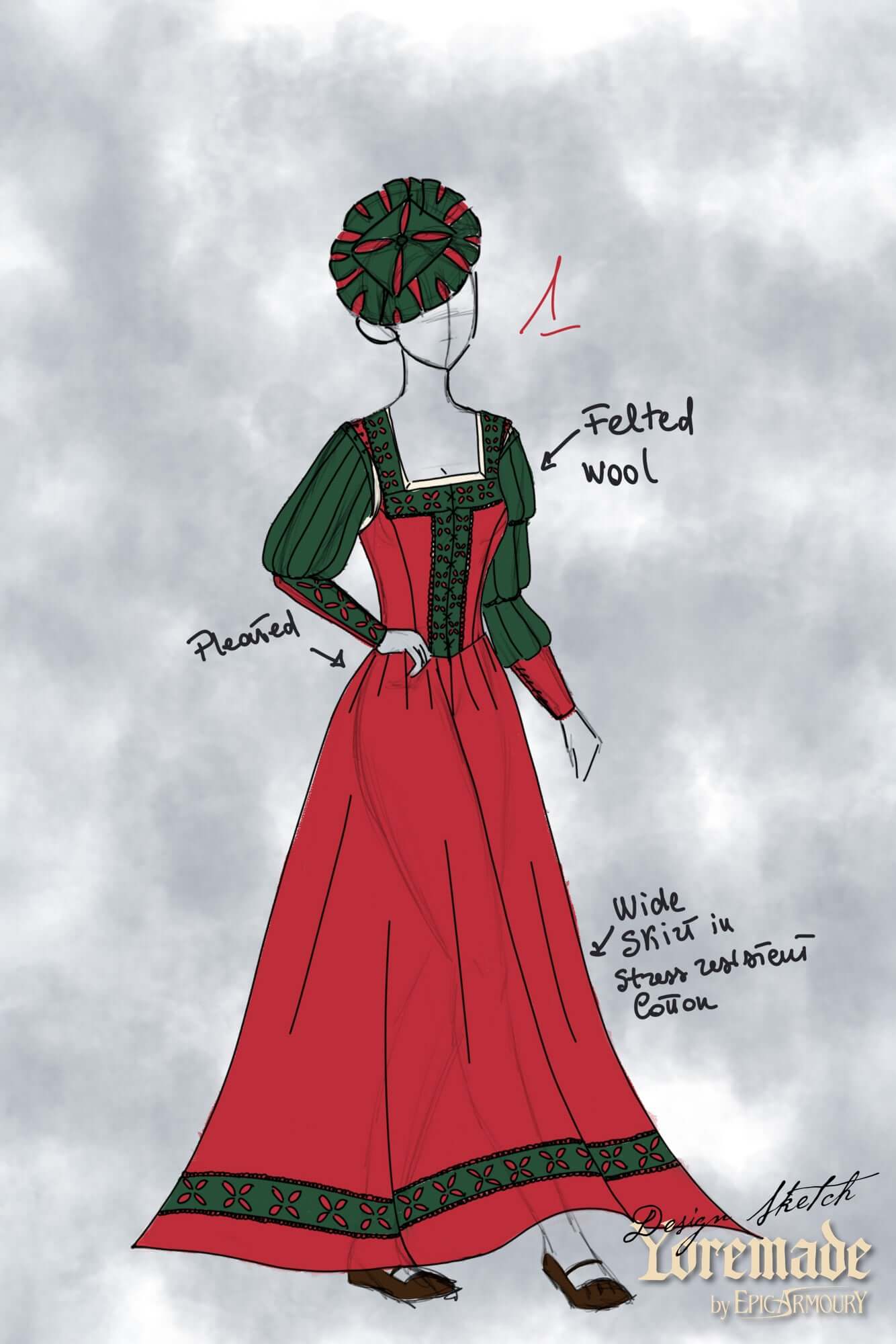 Drawing of a Landsknecht with felted wool, featuring green and red colors, perfect for historical costume design.