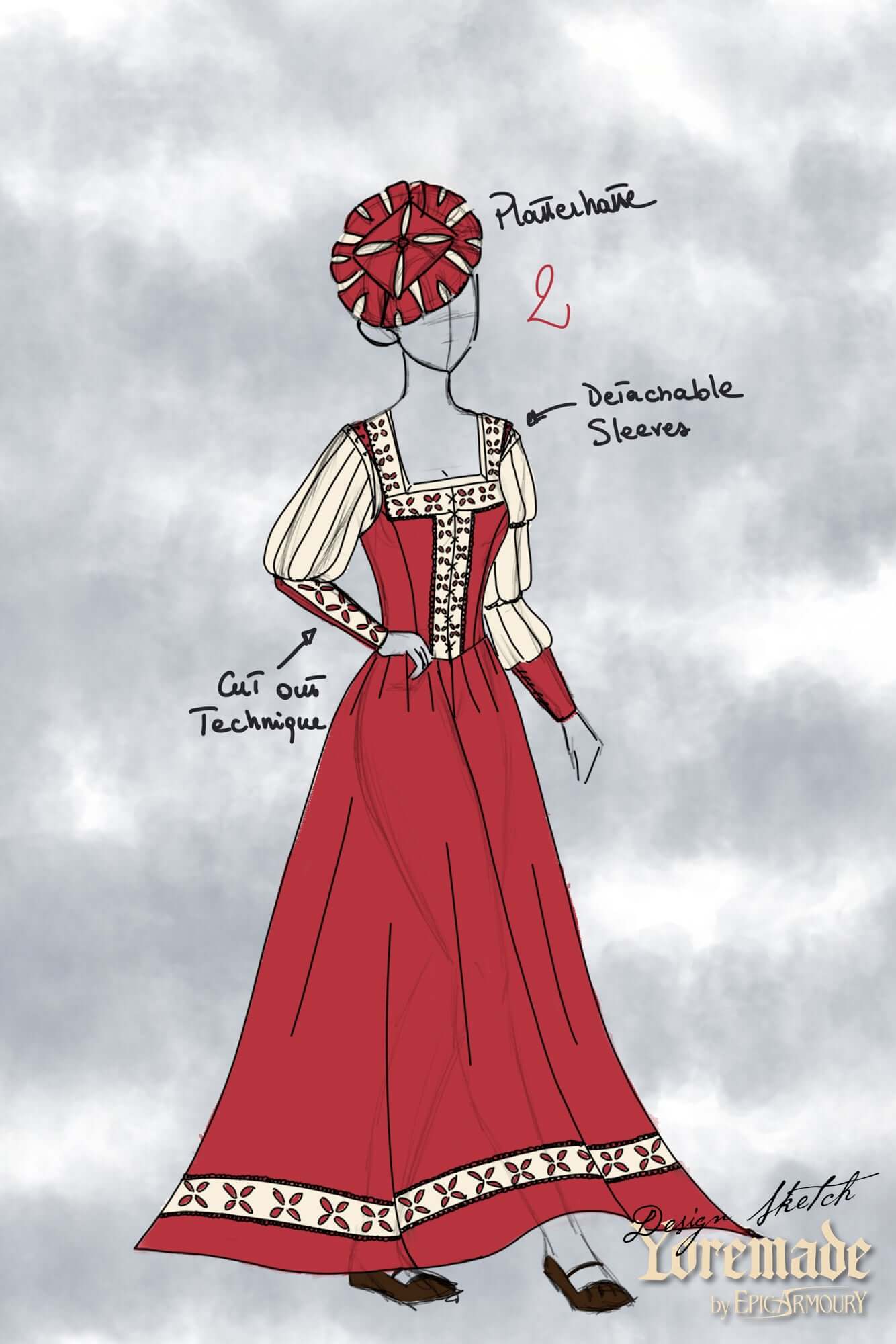 Landsknecht design illustration featuring detachable sleeves and intricate patterns.