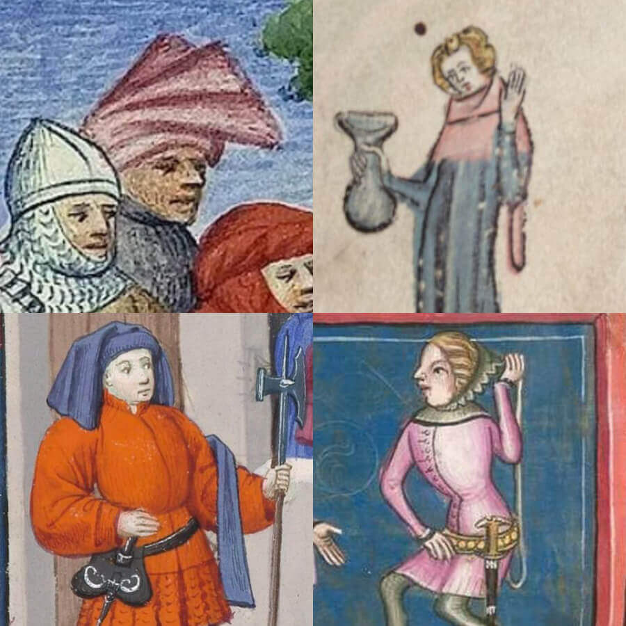 Historical medieval illustrations showing various liripipe hood styles from different centuries.