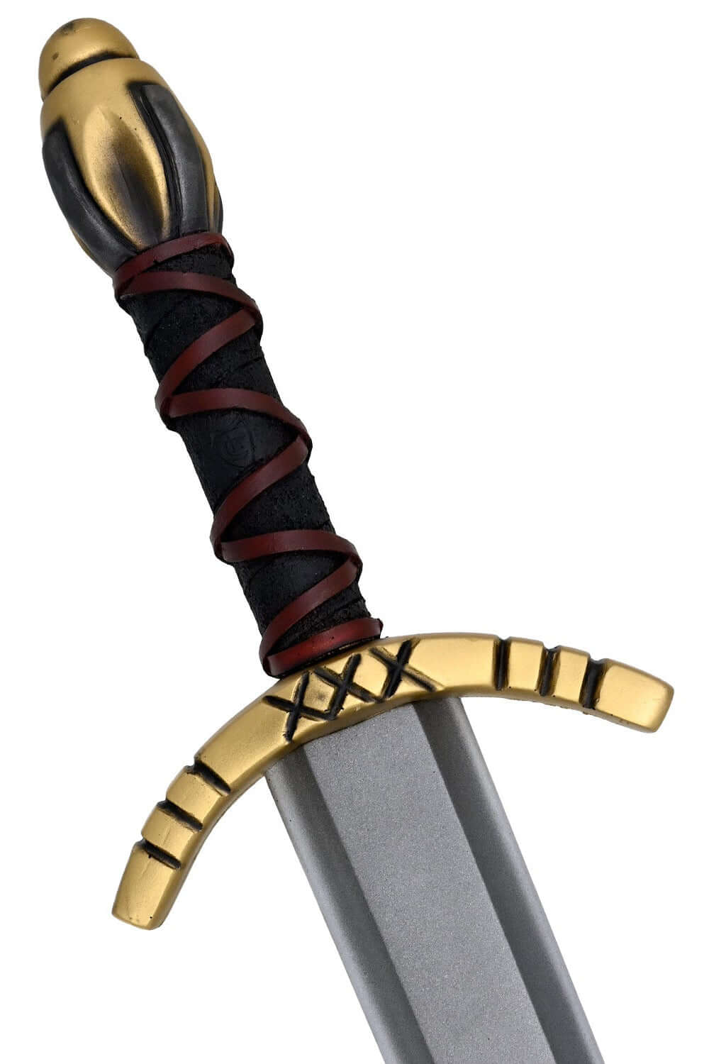Alesia II short sword grip with gold crossguard and black grip wrapped in red leather-like texture.