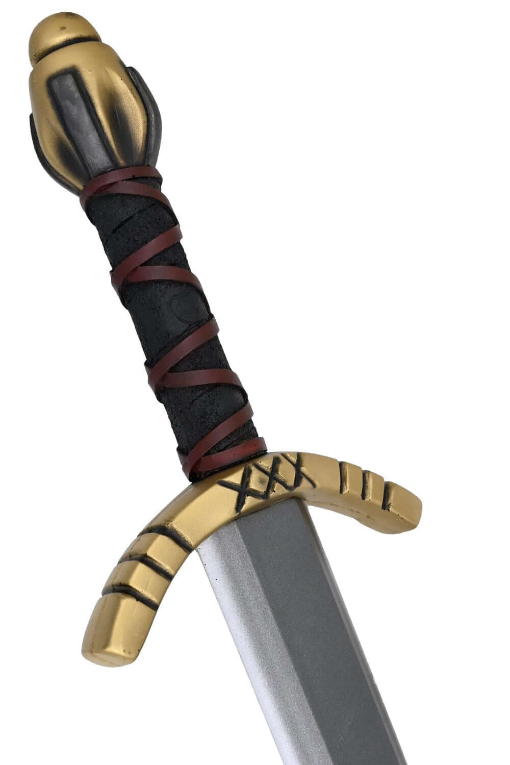 Alesia II short sword showing gold and black pommel, black grip with red texture, and wide guard design.