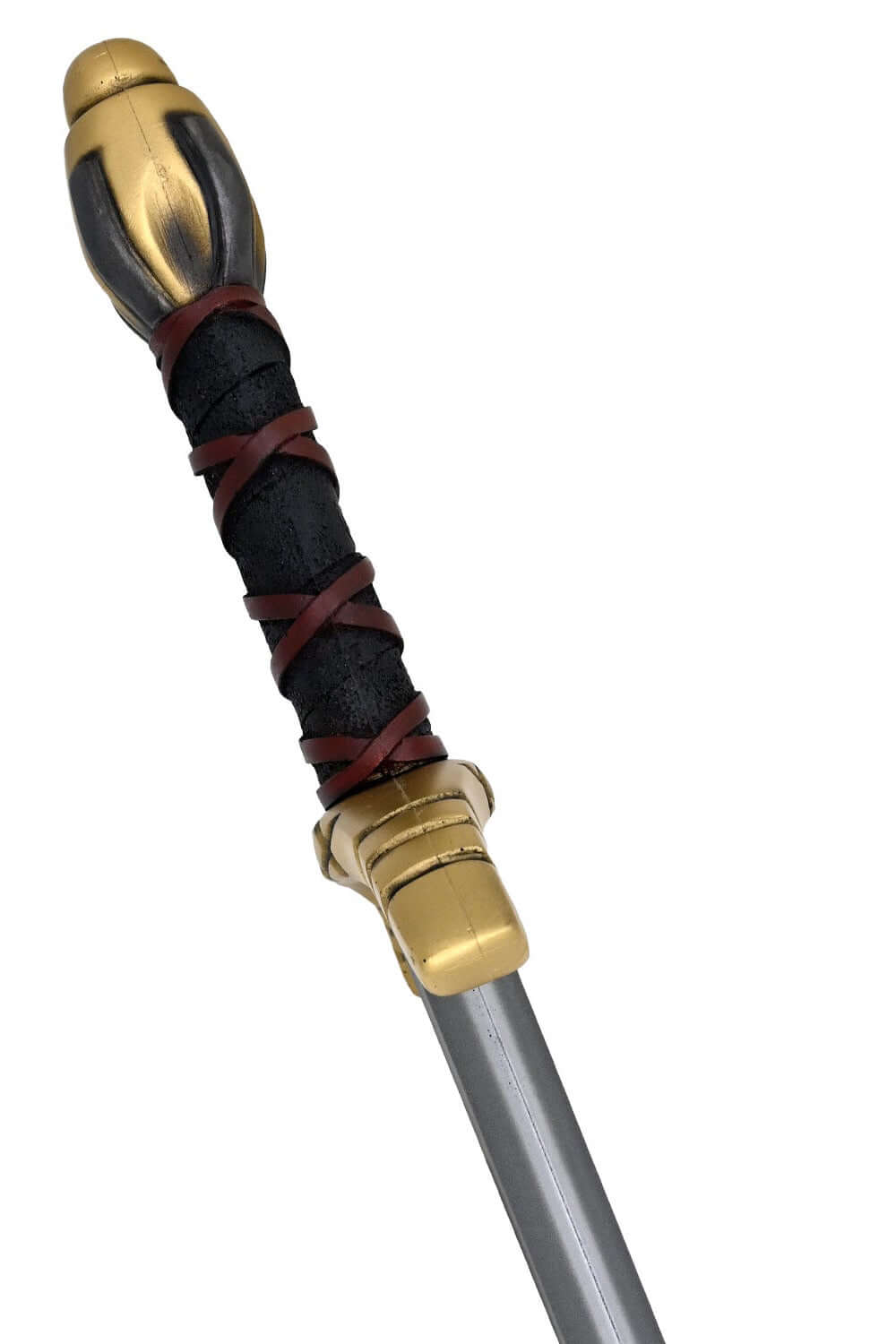 Alesia II short sword handle with gold pommel, black grip, and red leather-like texture.