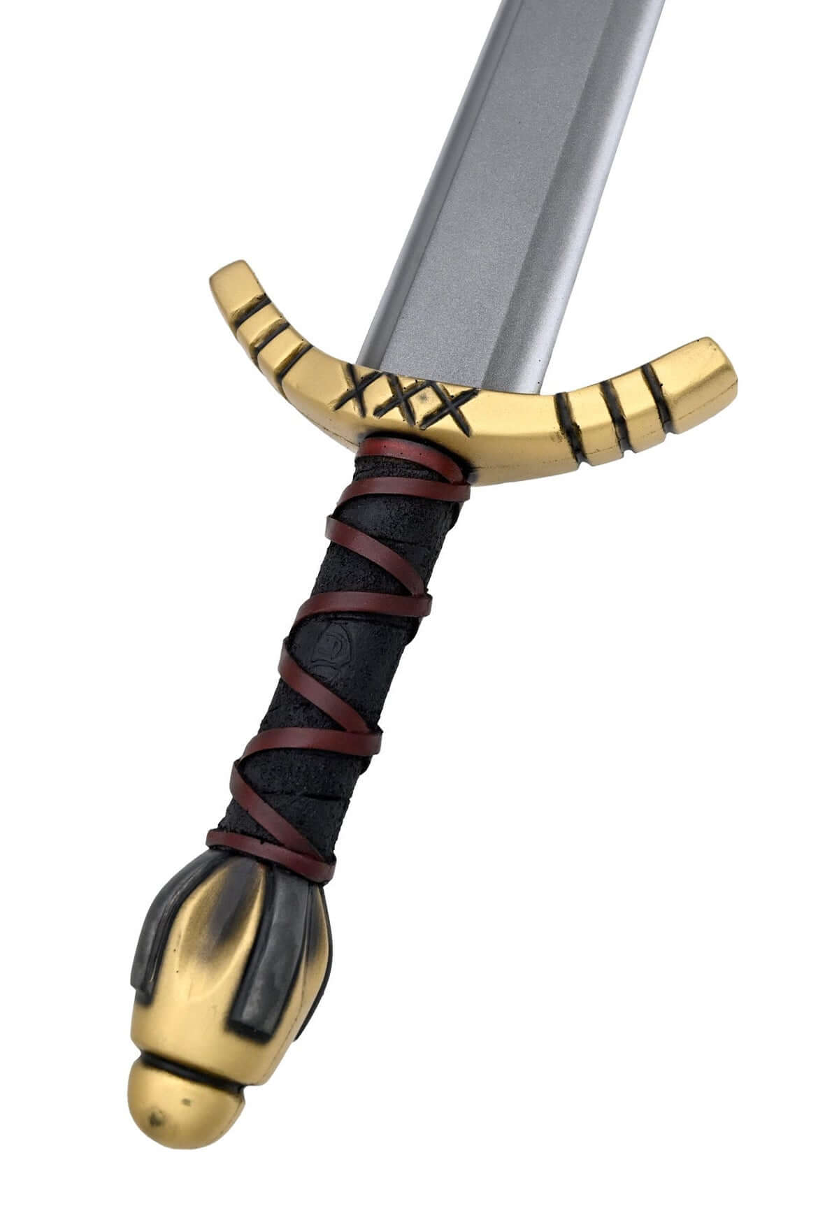 Alesia II short sword with gold and black pommel, black grip, and steel blade for LARP activities.