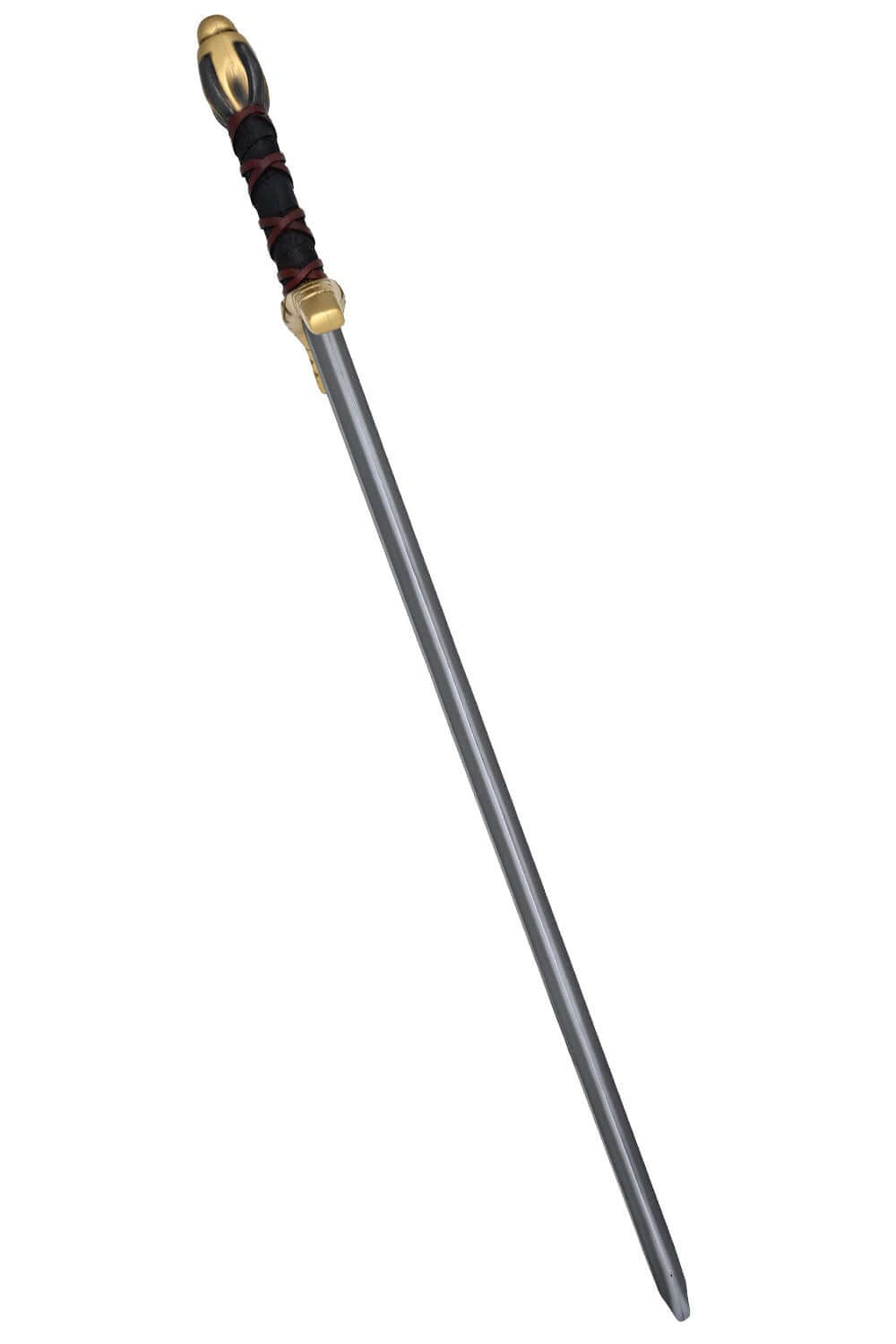 Alesia II short sword with gold and black pommel, red textured grip, and steel blade, perfect for LARP activities.