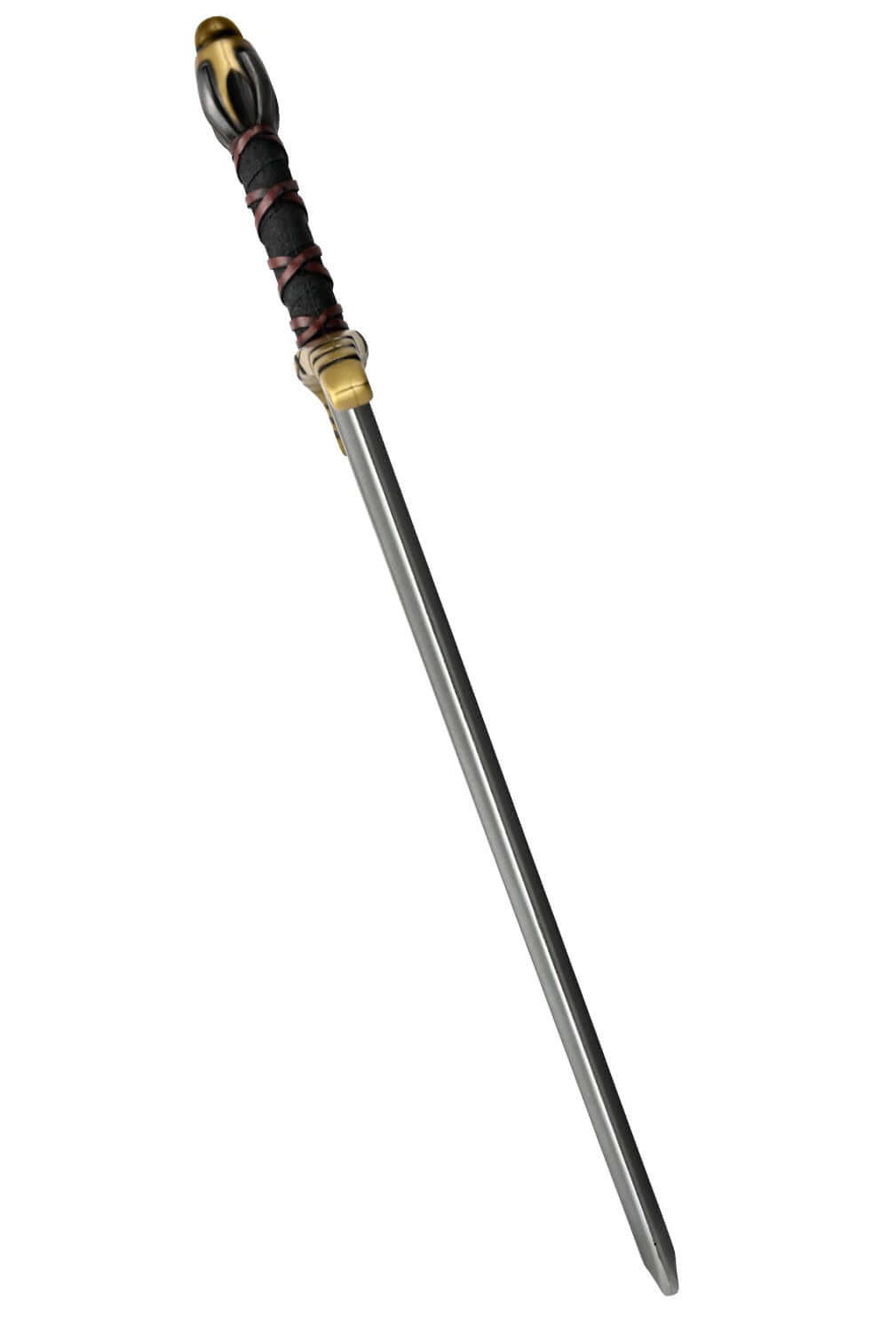 Alesia II short sword with a gold and black pommel, red leather-like grip, and steel blade for LARP.