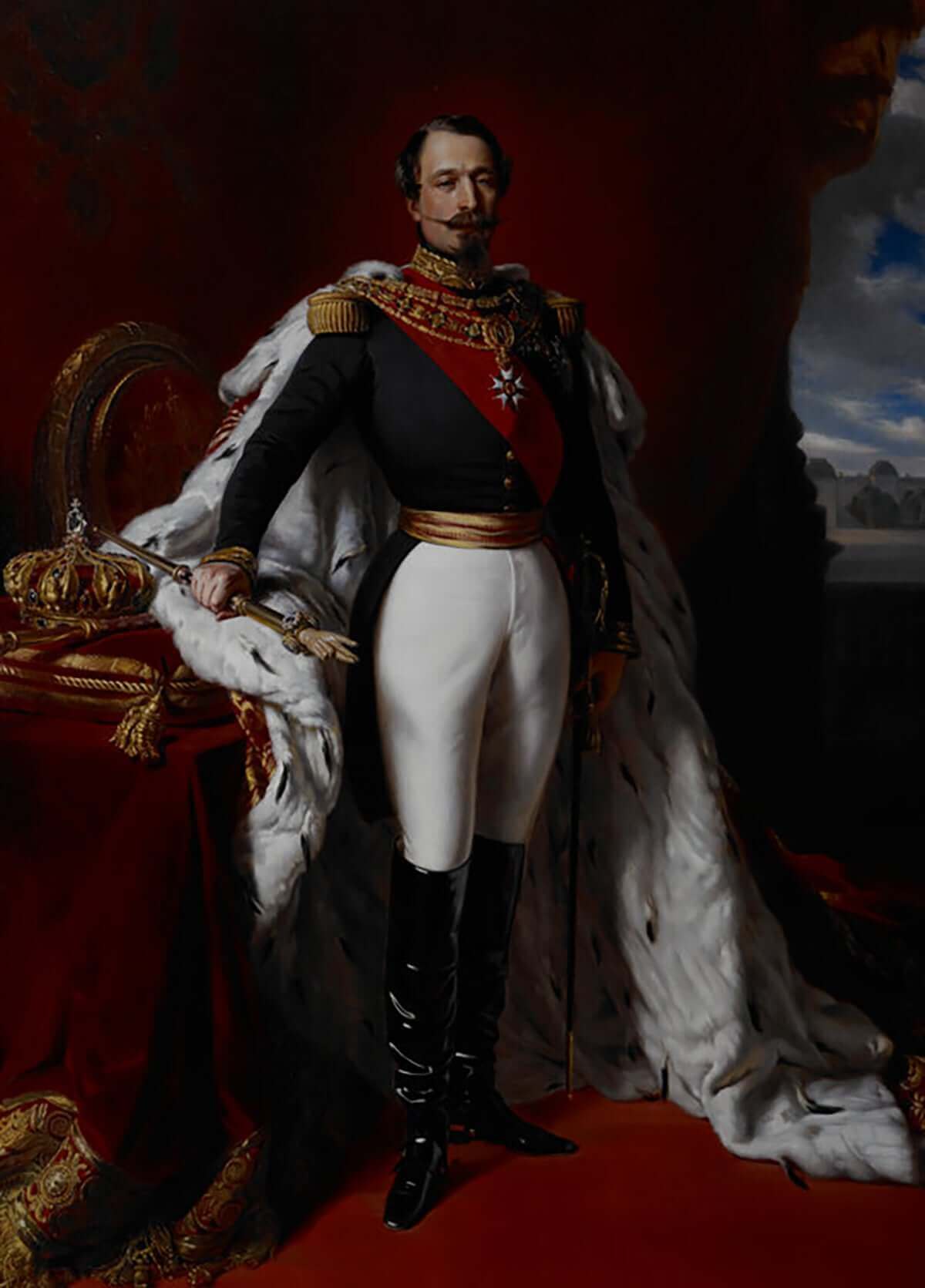 A regal portrait of a man in a military uniform with a decorated sash, standing confidently in a luxurious setting.