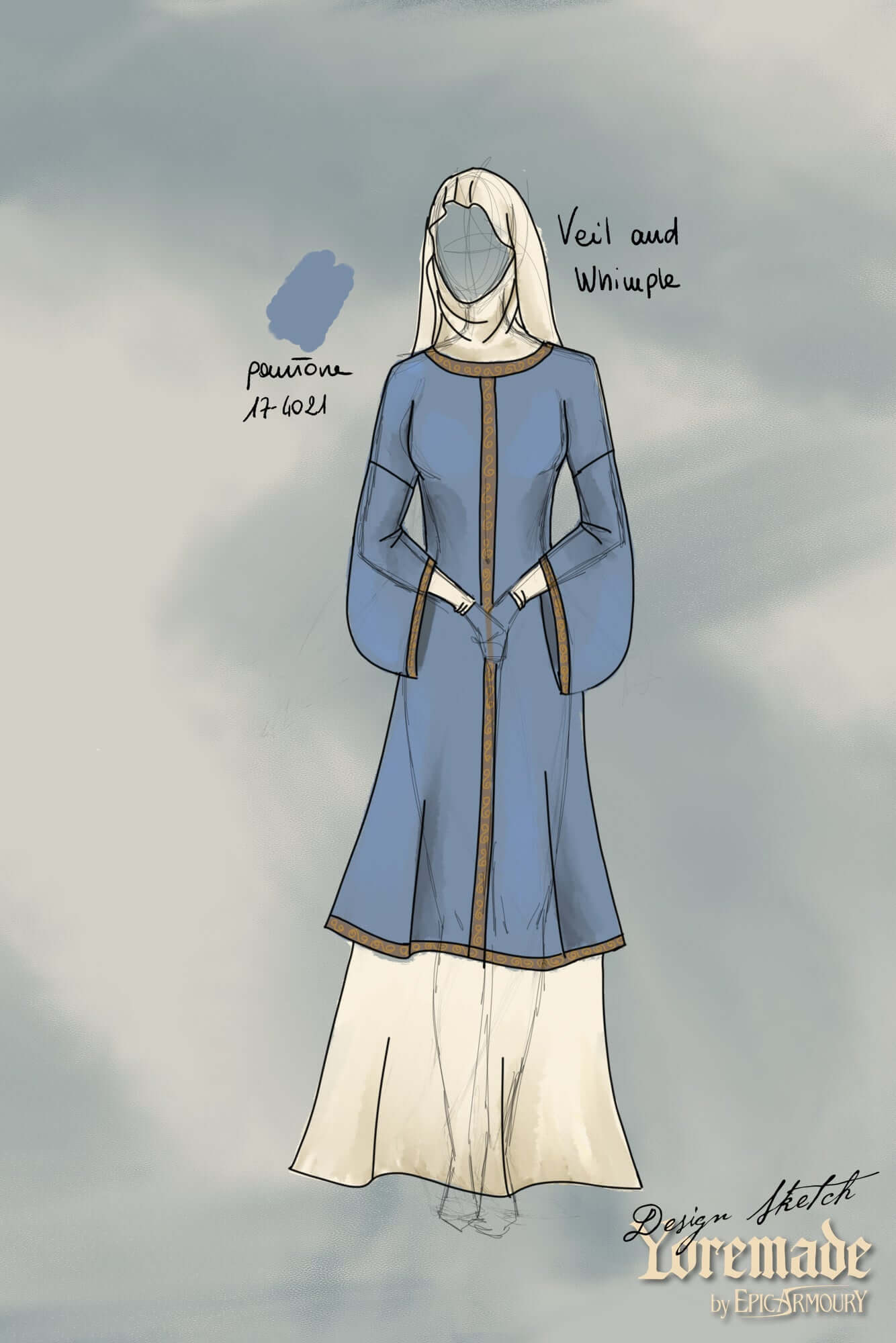 Overtunic Matilde illustration featuring wide sleeves and woven patterned trim, designed by Yoremade.
