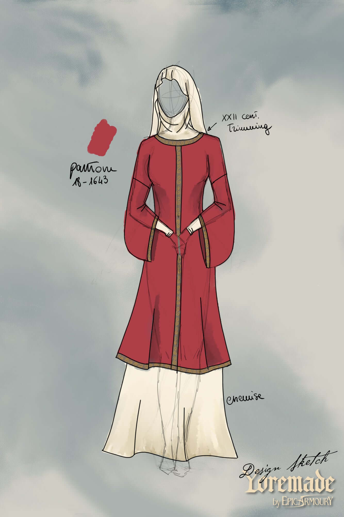 Overtunic Matilde design illustration showing wide sleeves and woven patterned trim details.