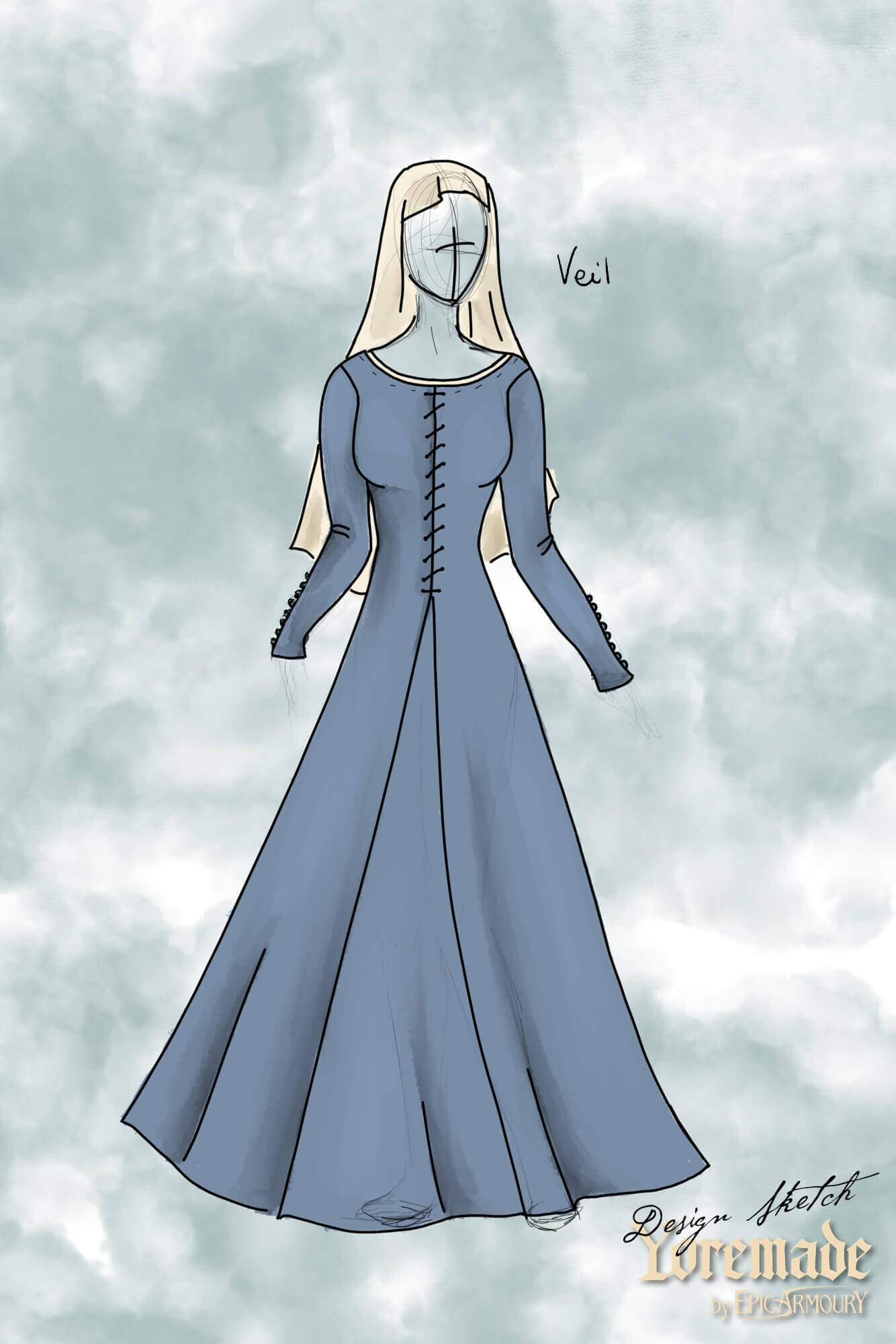 Elegant dress design featuring an oval veil - Natural, inspired by High Medieval fashion.