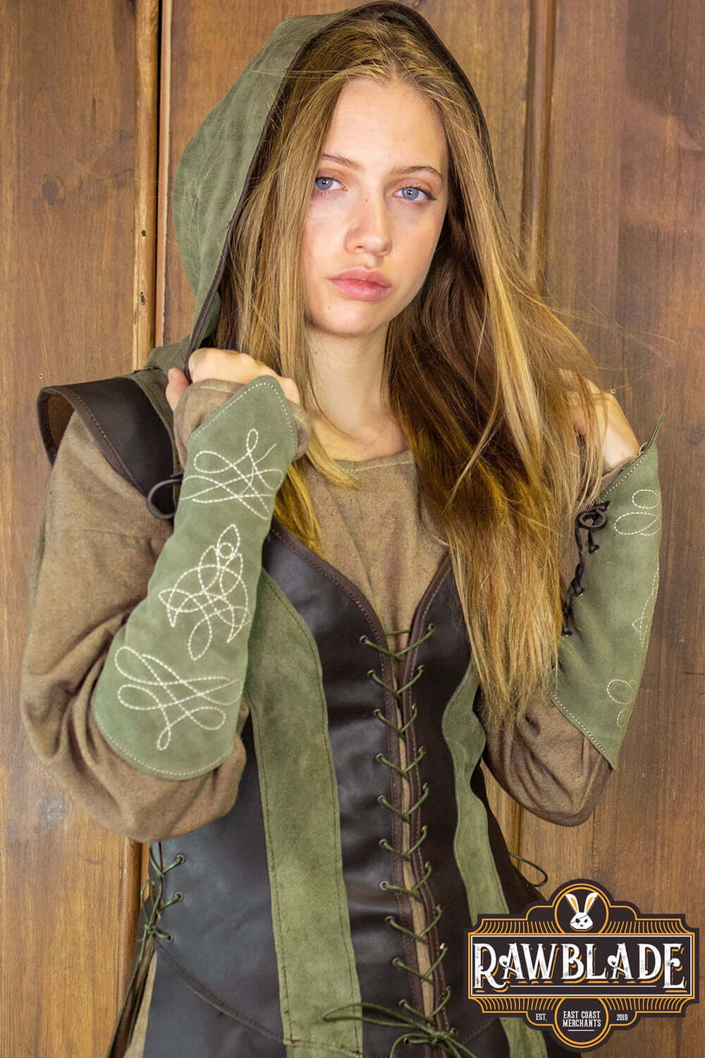 Arylith Archer Leather Tunic featuring a fitted design, wide hood, and adjustable drawstrings for a personalized fit.