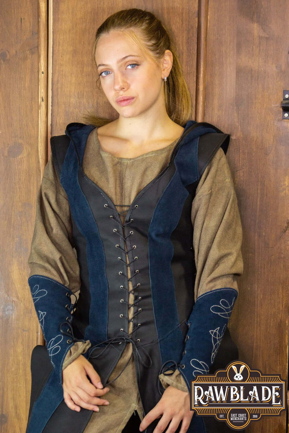 Arylith Archer Leather Tunic styled elegantly with a hood, fitted design and adjustable drawstrings from Rawblade.