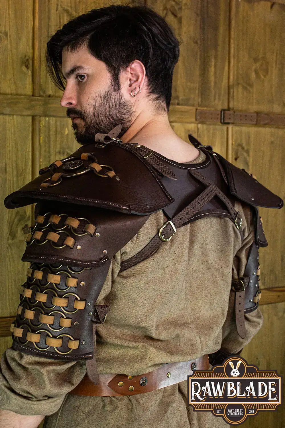 Fighter Gorget with Pauldrons displayed on a model, showcasing high-quality leather and copper color rings.