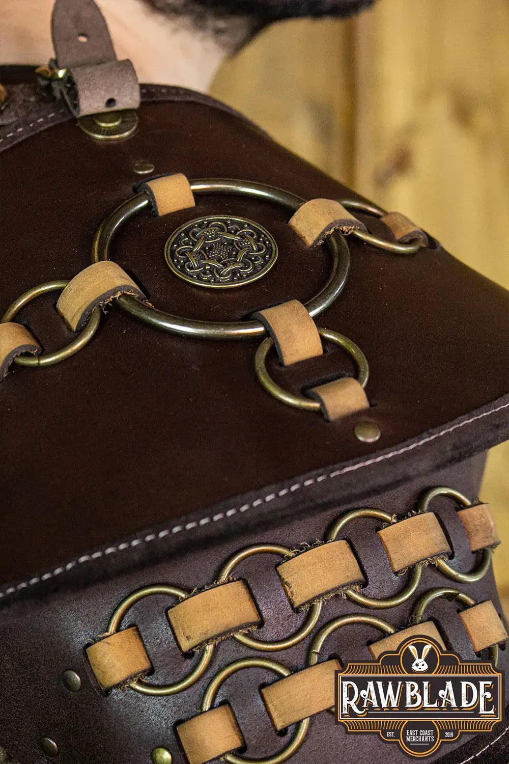 Fighter Gorget with Pauldrons showcasing high-quality leather and copper color rings detail.