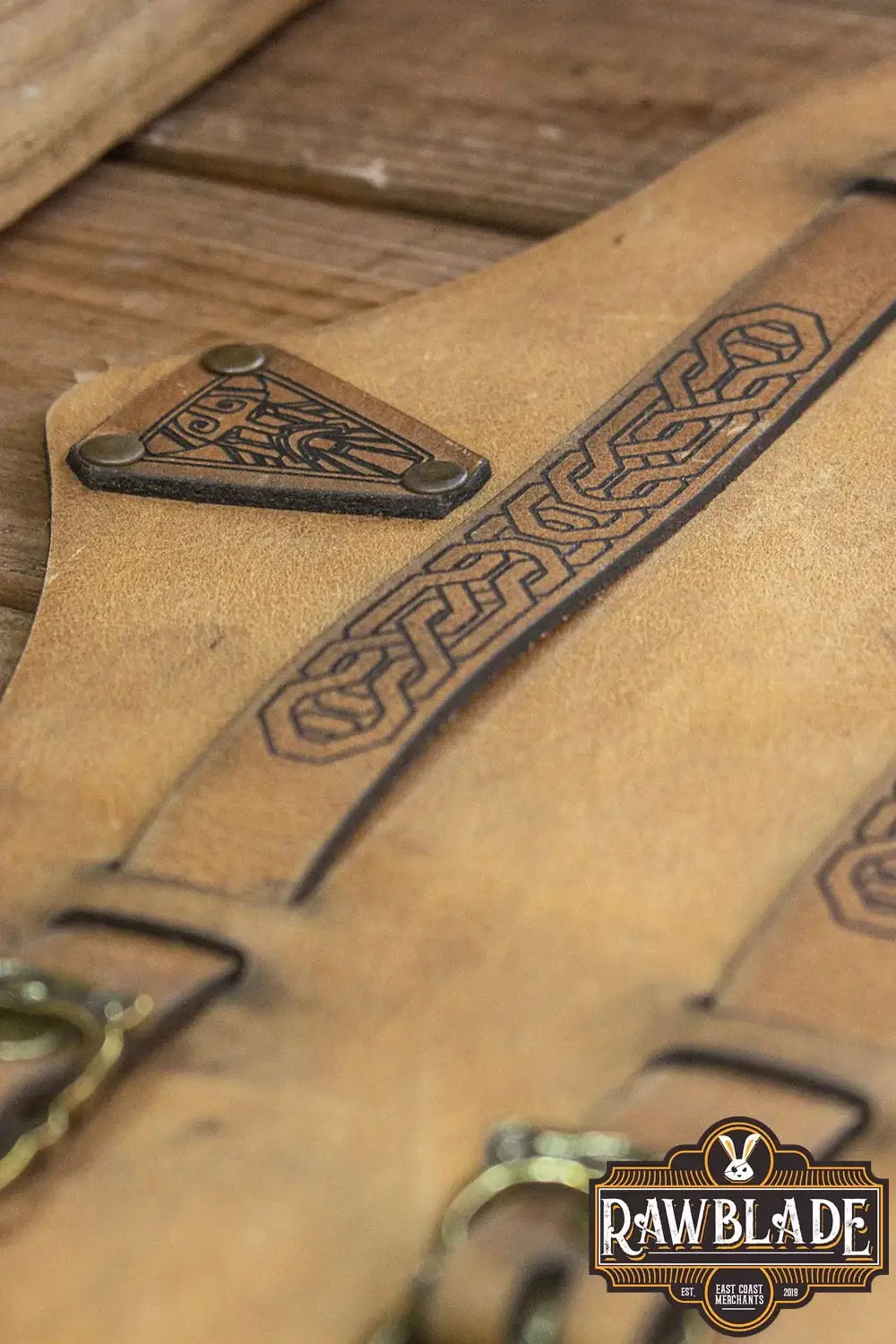 Bormund Bracers displayed with intricate designs, showcasing high-quality leather craftsmanship.