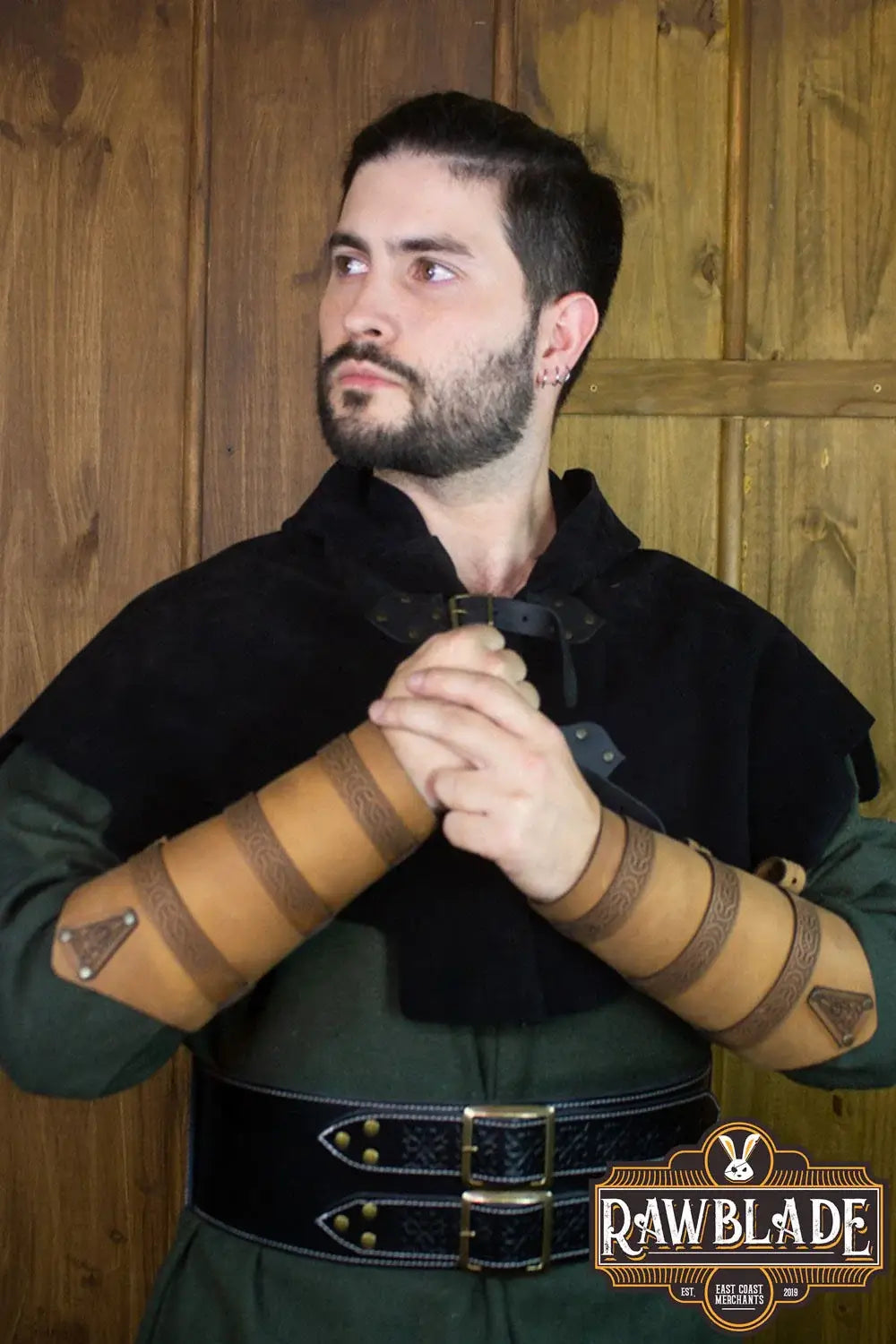 Bormund Bracers worn by a model, showcasing high-quality leather craftsmanship and elegant design.