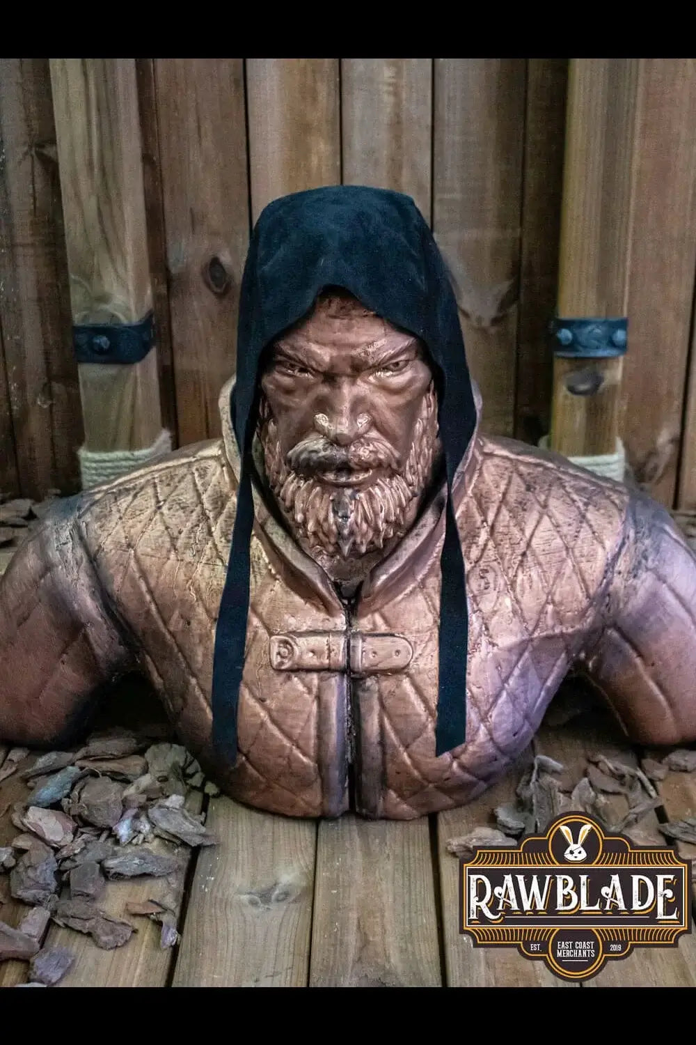 Barbadok Leather Coif displayed on a bust, showcasing high-quality split leather and design features.
