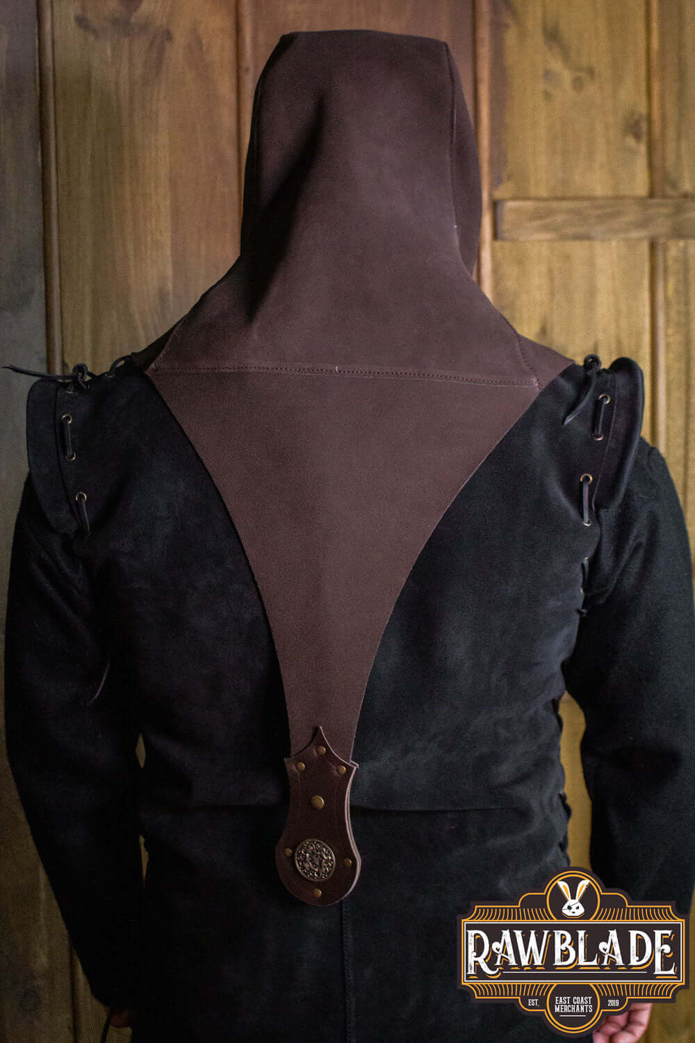 Back view of Akku Splitleather Hood showcasing leather design and intricate detailing.