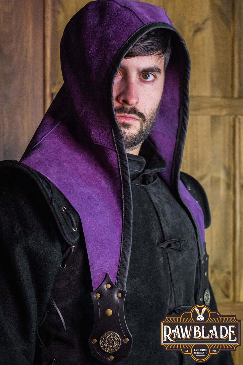 Akku Splitleather Hood with purple accents and detailed leather reinforcements, designed for a variety of character styles.