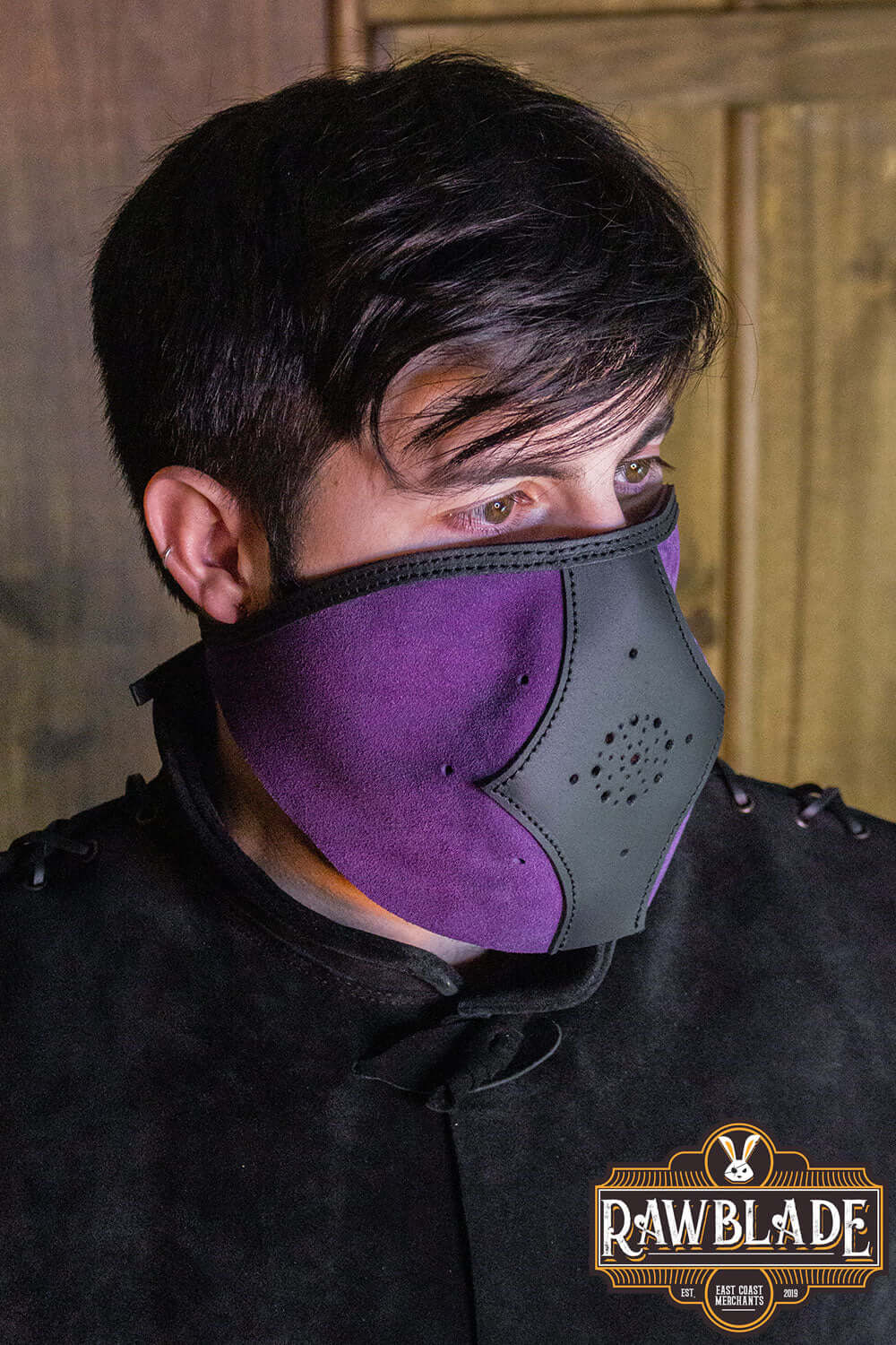 Akku Splitleather Hood paired with a unique purple mask, designed for various characters and inspired by fantasy themes.
