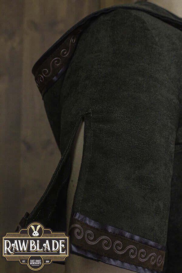Briannan Ranger Tunic Suede showing the short sleeve and leather trim detail.