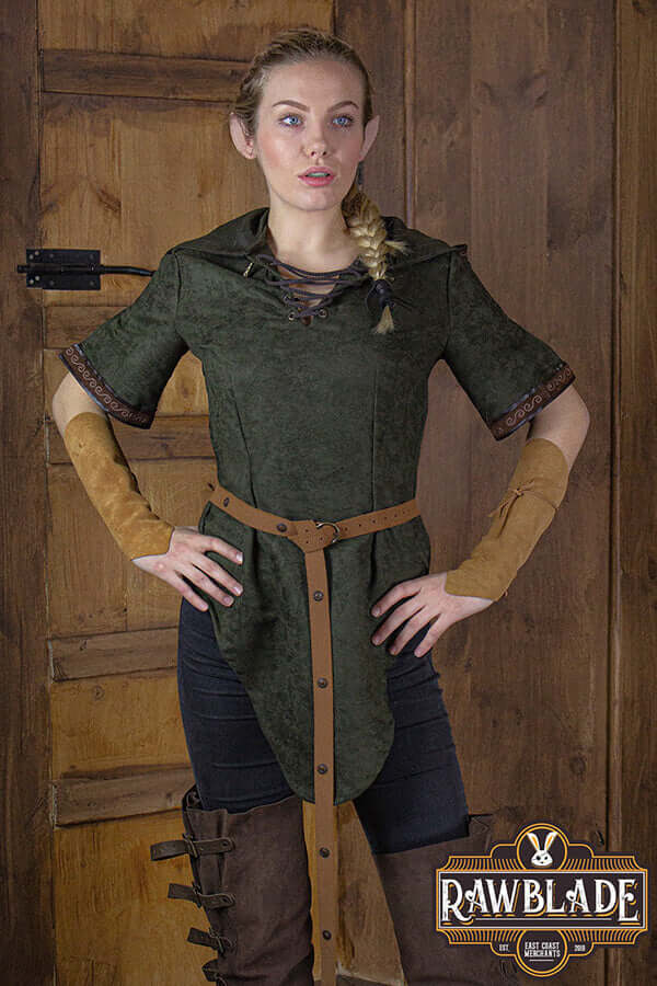 Briannan Ranger Tunic Suede worn by a model, featuring a hood and stylish leather trims.